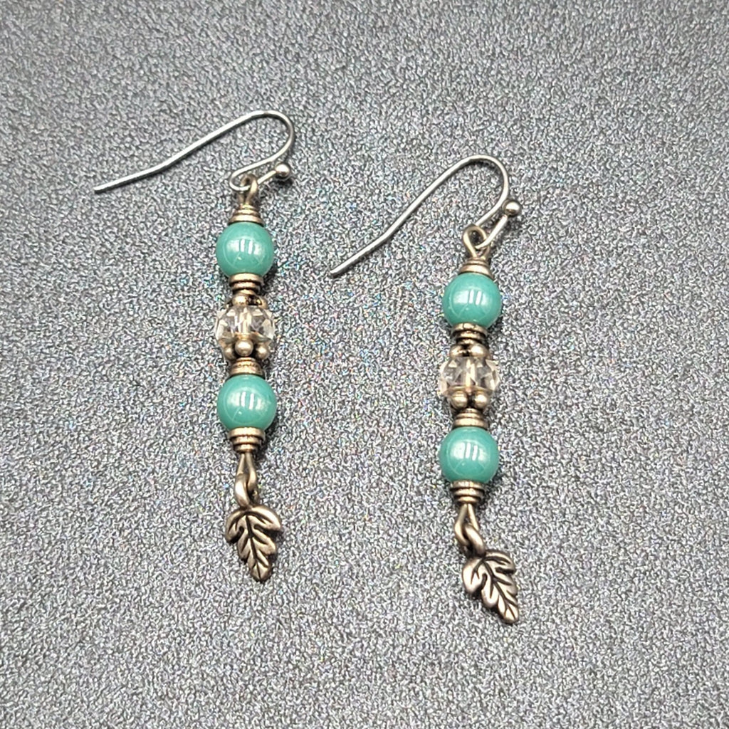 Pierced Earrings Silver tone Blue Bead Leaf Charm Dangle 1.5"