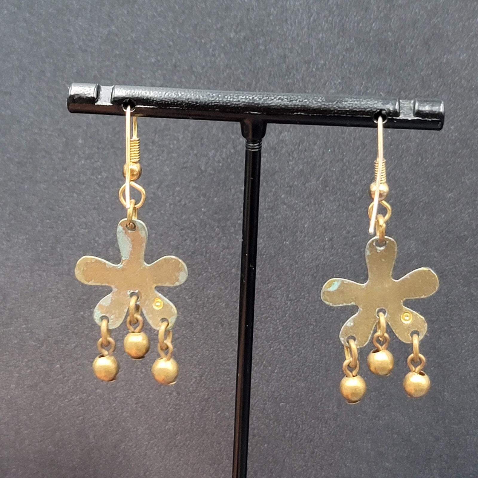 Pierced Earrings Brass Flower Blue Enamel Dangle 1.25"