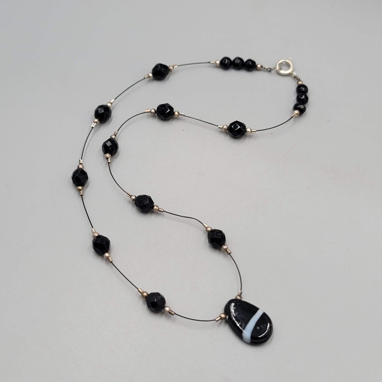 Black Glass Bead Station Necklace Silver tone 18"