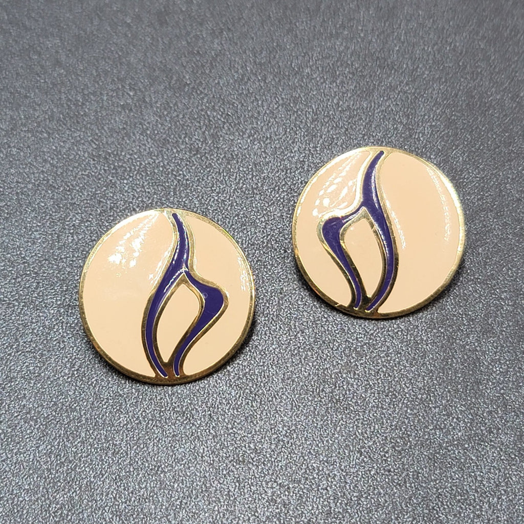 Vintage Pierced Earrings Gold tone Purple Tan Enamel Round Drop 1 1/8"