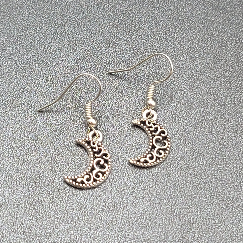 New MOON Pierced Earrings Silver tone Open Work Metal Dangle 5/8"