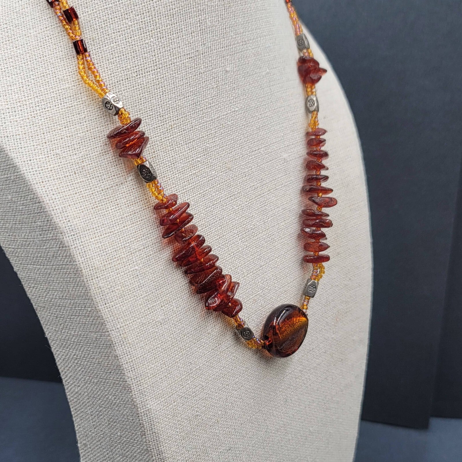 Amber and Glass Beaded Pendant Necklace Boho 18"