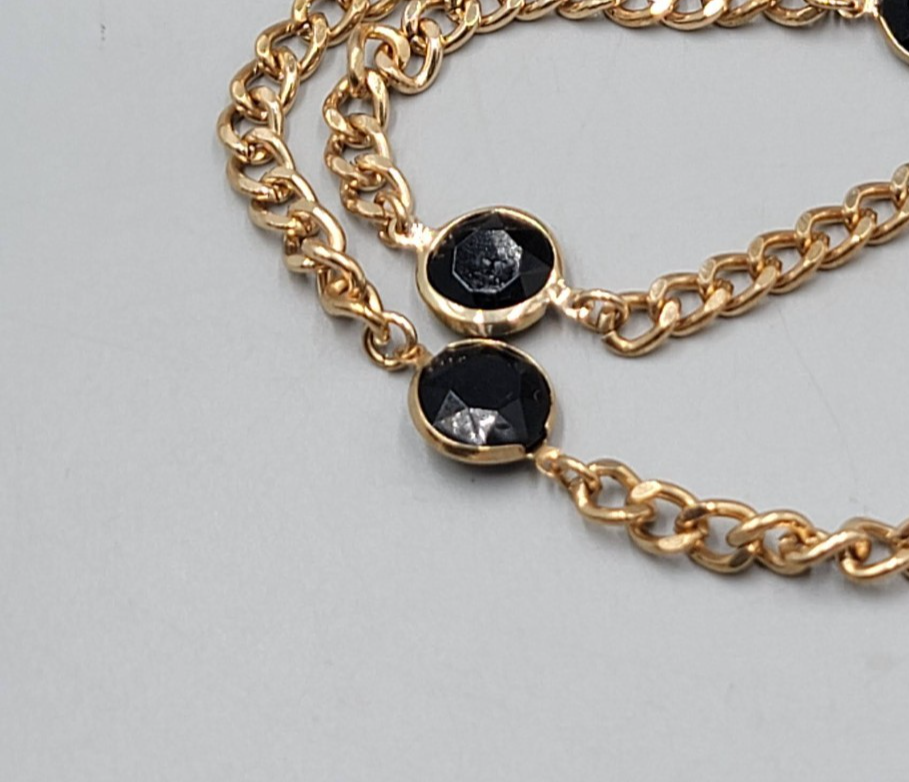 Black Glass Station Bead Necklace Gold tone Chain 36"