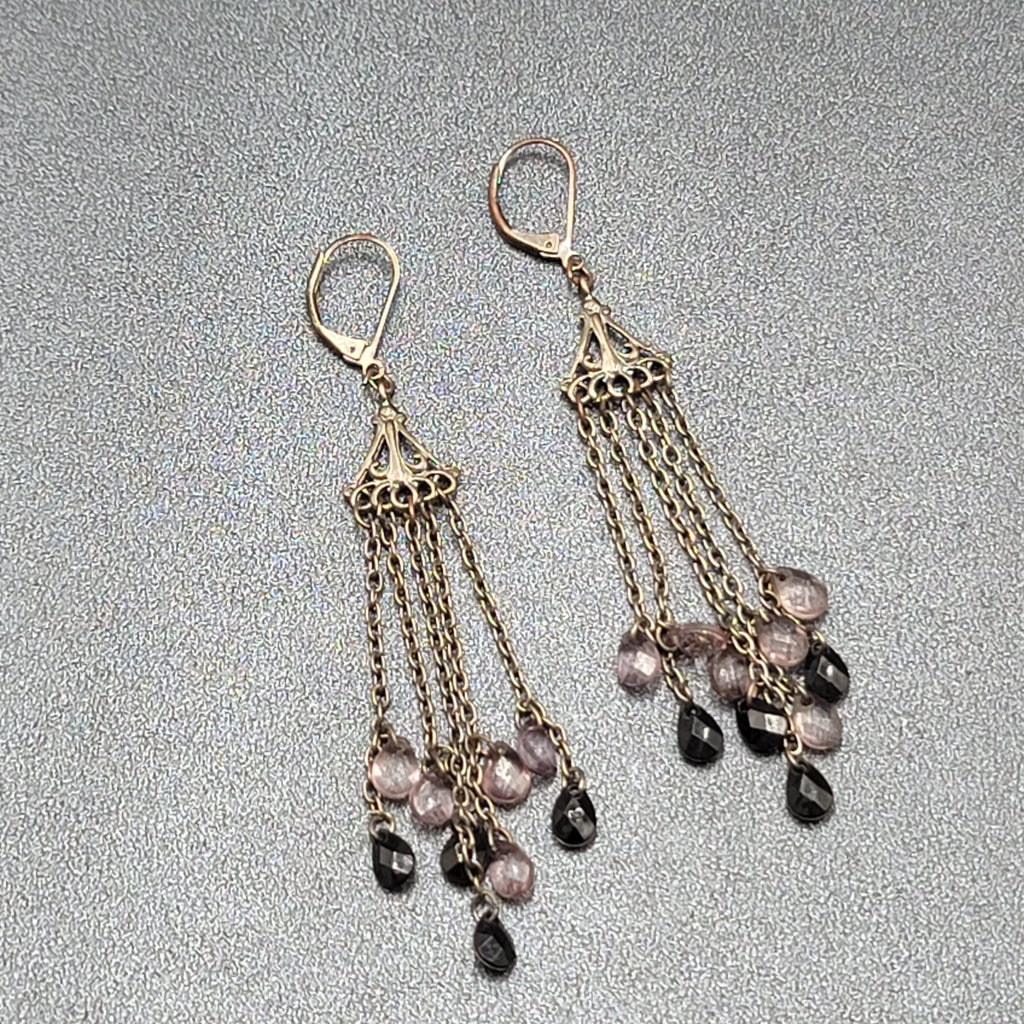 Pierced Earrings Gun Metal Gray Multi Chain Purple Black Beads 2 7/8"