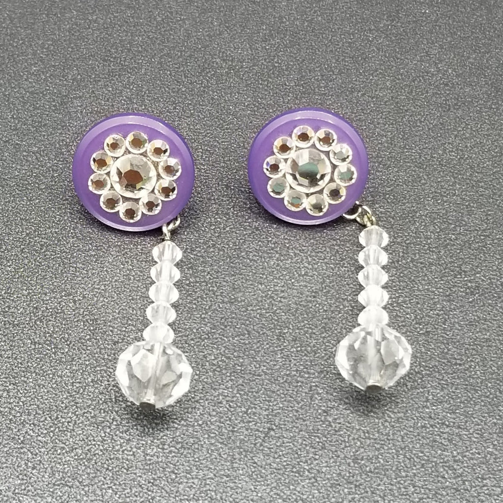 Pierced Earrings Purple Button Crystal Faceted Bead Statement Dangle 2"