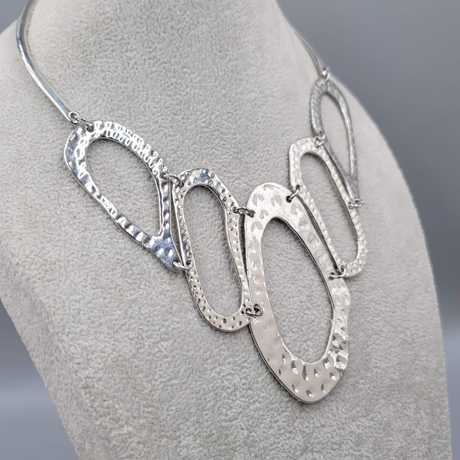 Statement Bib Hammered Silver tone Necklace 14"-18"