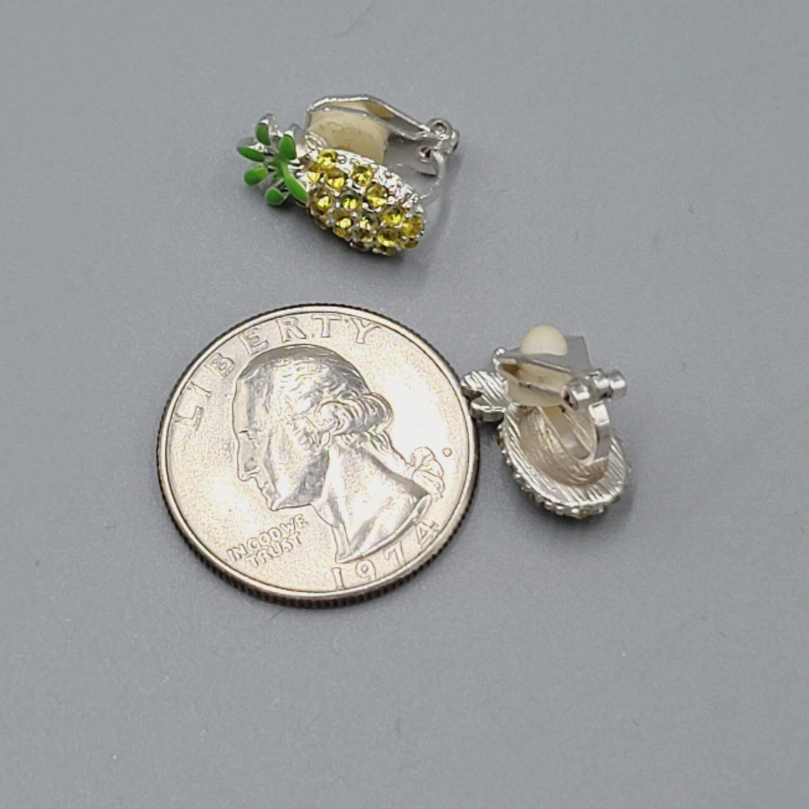 Pineapple Stud Clip on Earrings Yellow Rhinestone Green Enamel 5/8"