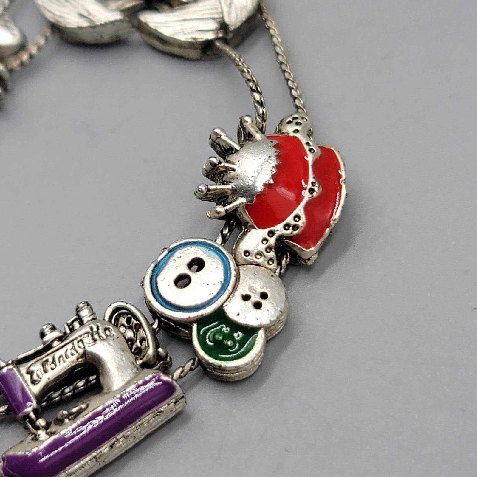 Slide Charm Bracelet Sewing Theme Silver tone Enamel 