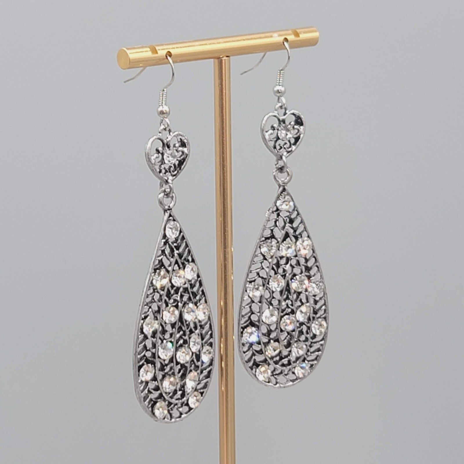 Heart Rhinestone Pierced Earrings Oxidized Silver tone Dangle Long 2.75"