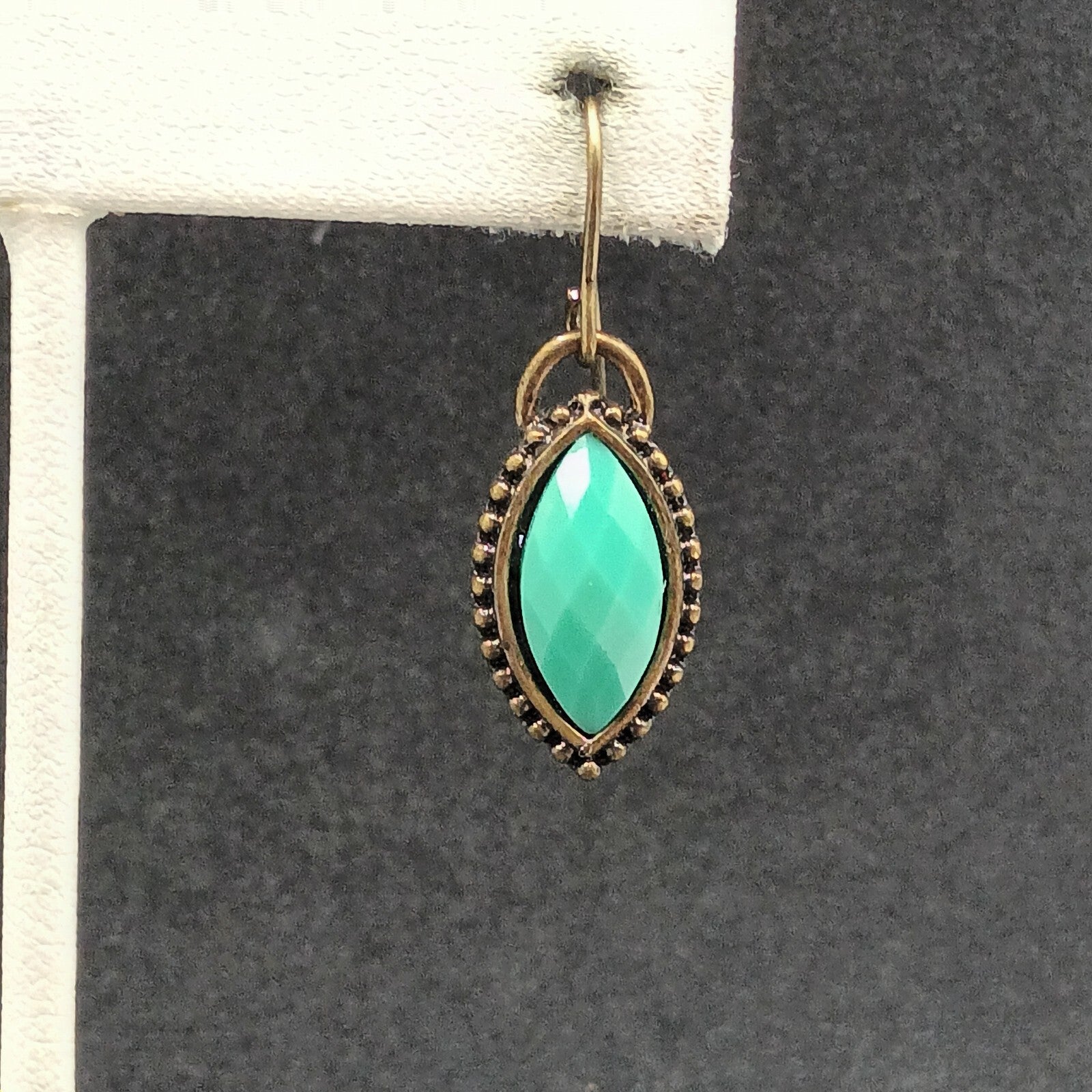 Pierced Earrings Antiqued Gold tone Faceted Faux Turquoise Acrylic Dangle 3/4"