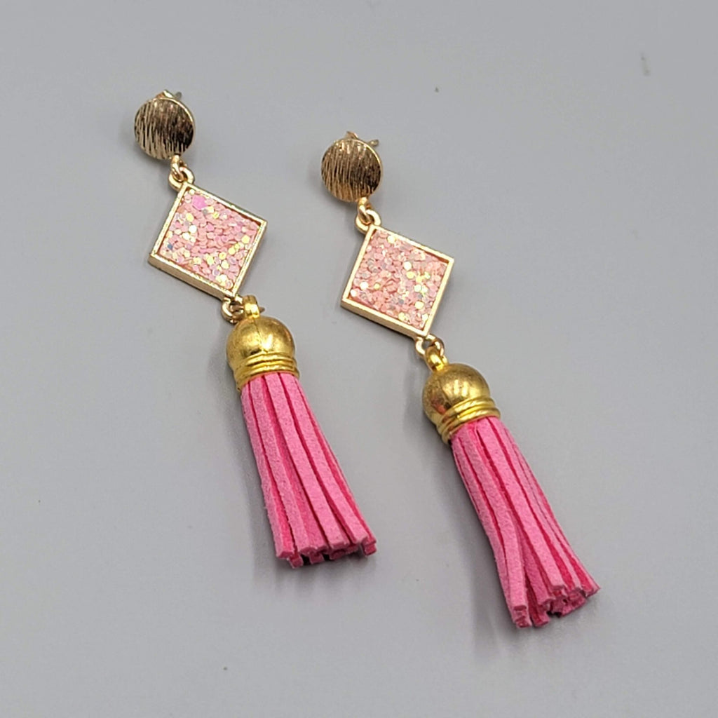 Pink Tassel Pierced Earrings Gold tone Dangle Long 3"