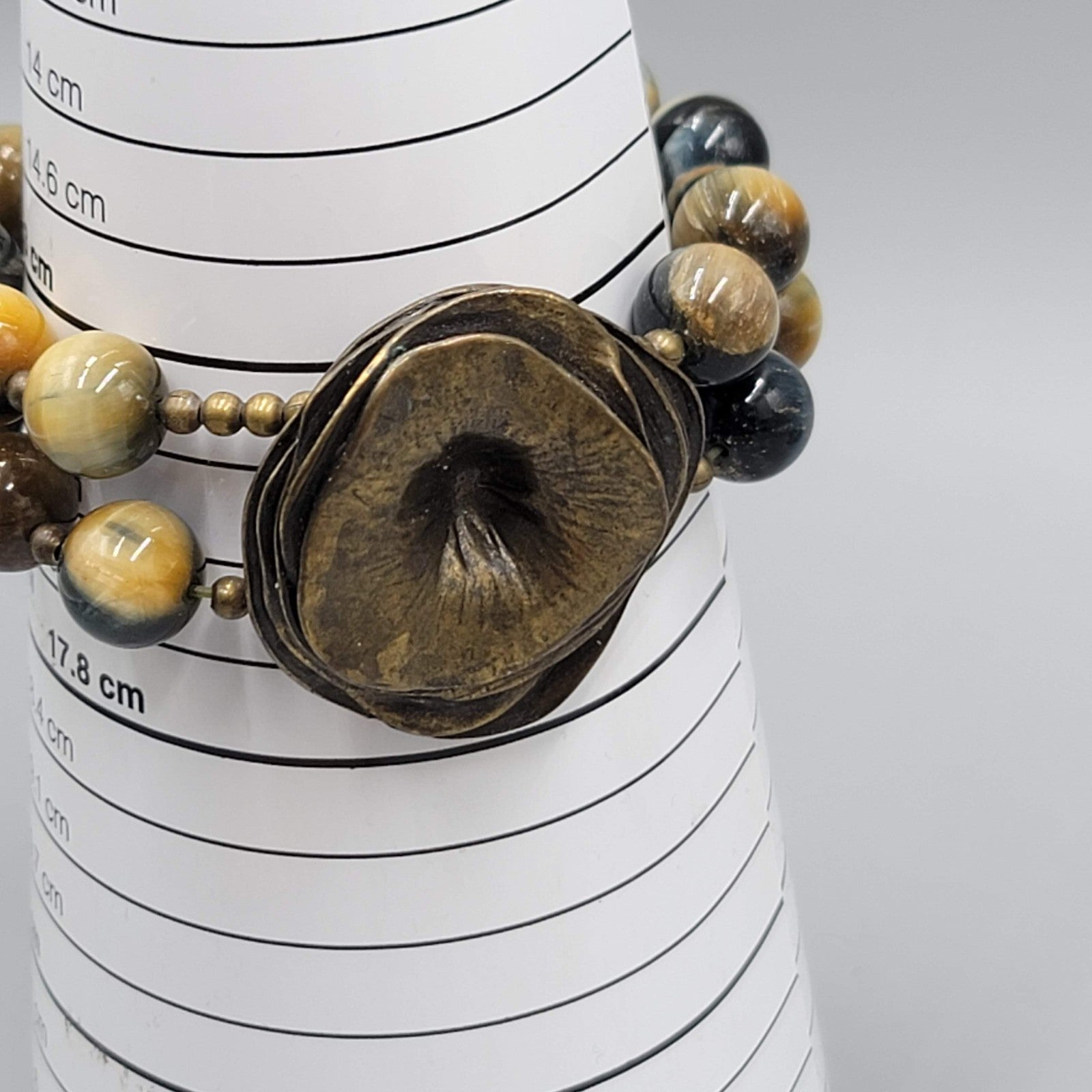 Agate Stone Bead Double Strand Bracelet Bronze tone Signed Elastic