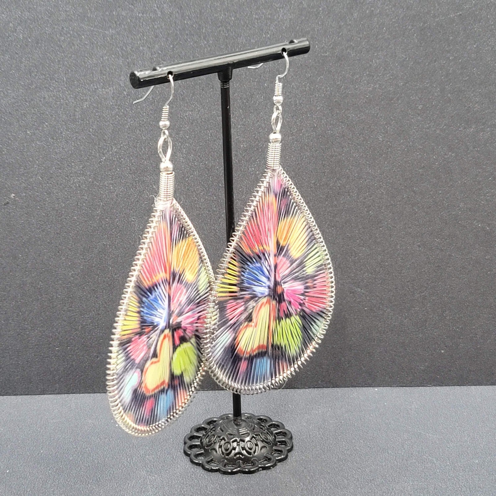Large Pierced Earrings Silver tone Teardrop String Art Hearts Theme 3.5"
