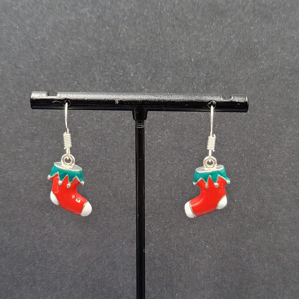 Christmas Pierced Earrings Silver tone Enamel Stockings Solid 5/8"
