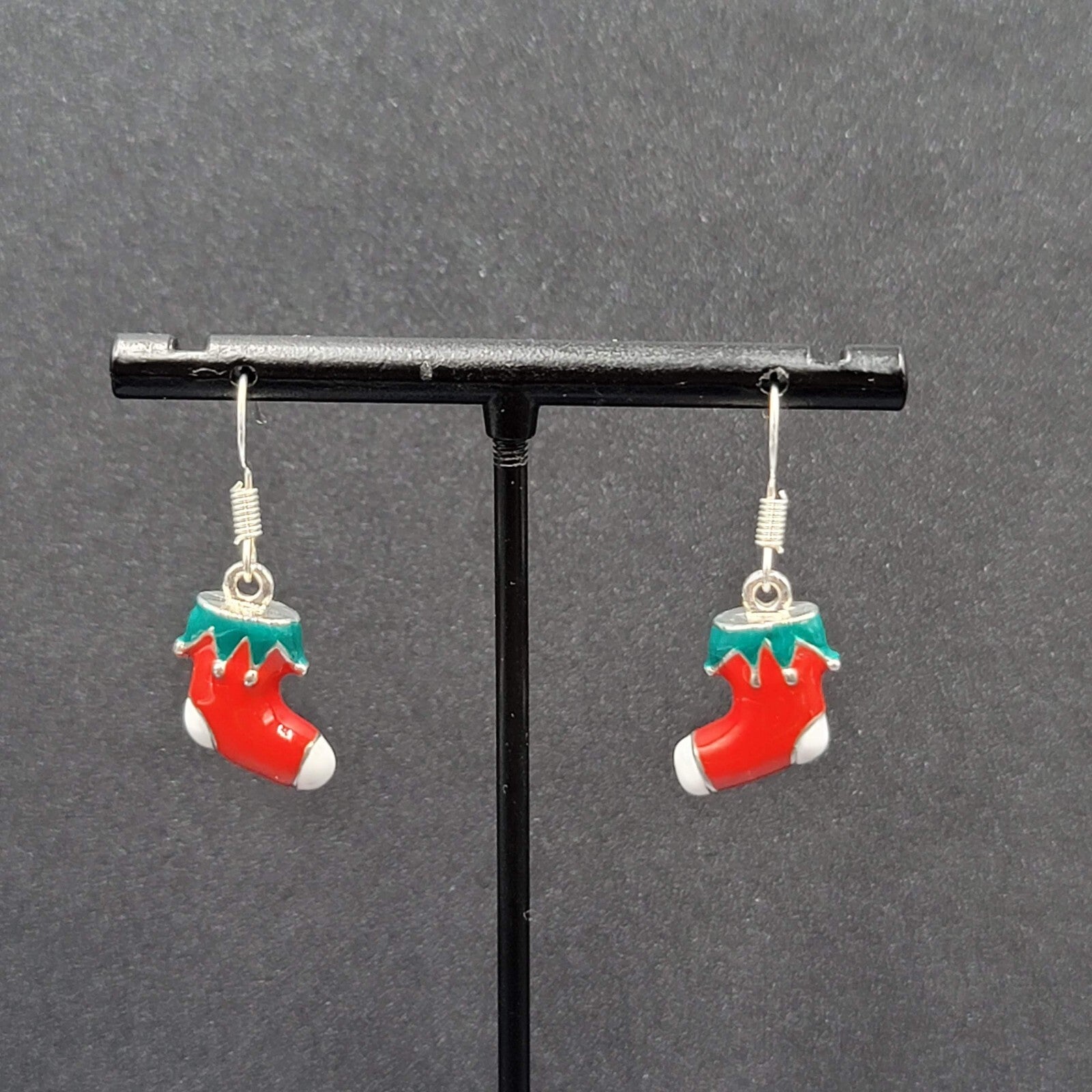 Christmas Pierced Earrings Silver tone Enamel Stockings Solid 5/8"