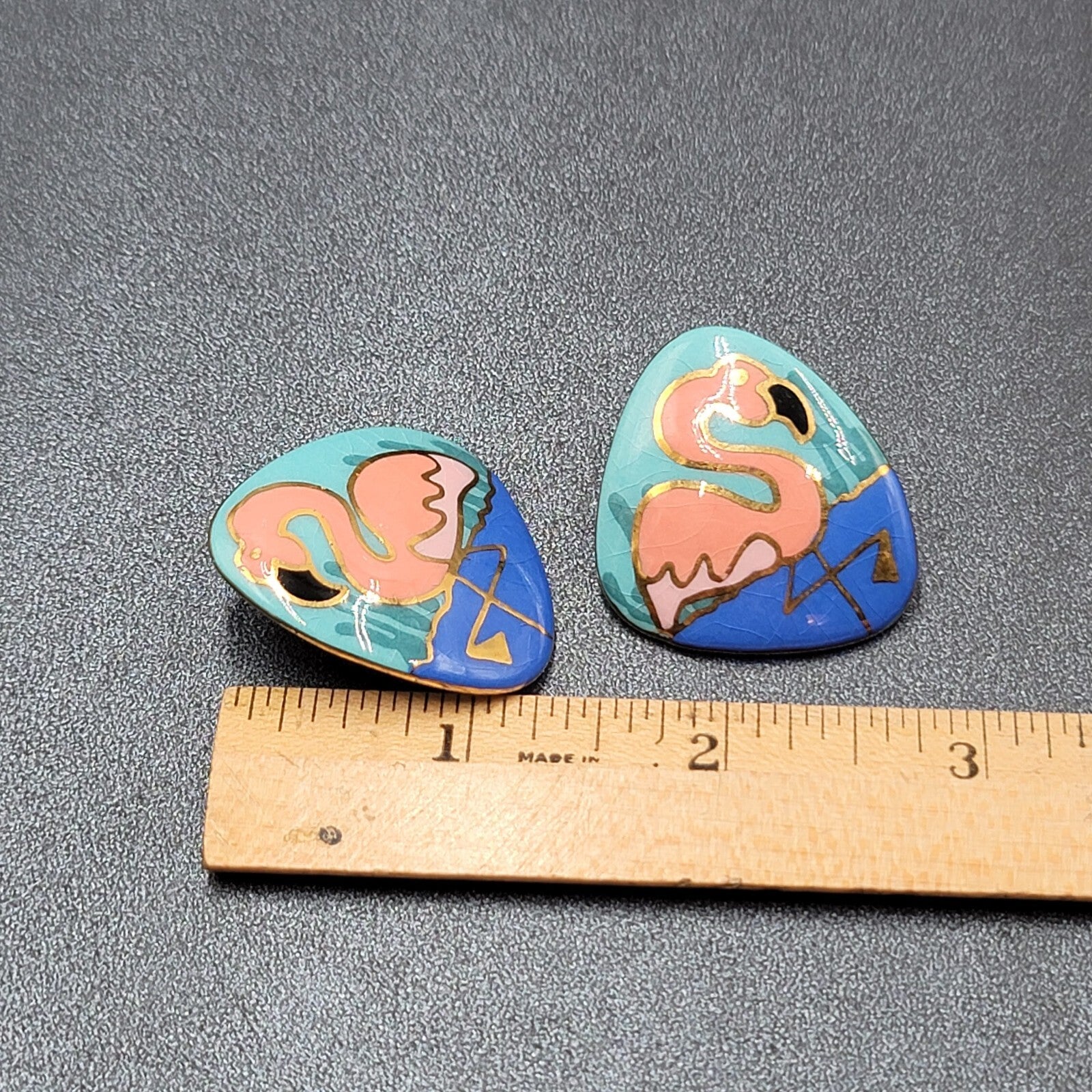 Vintage Flamingo Pierced Earrings Ceramic Hand Painted Drop 1.5"