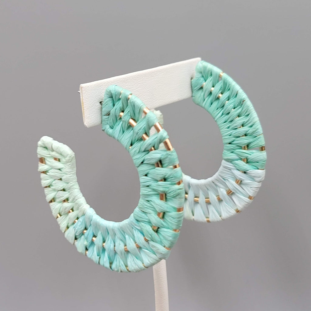 Boho Raffia Ombre Hoop Pierced Earrings Statement Gold tone 2.5"