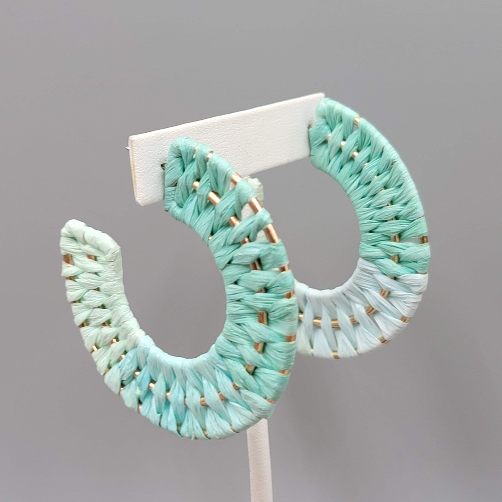 Boho Raffia Ombre Hoop Pierced Earrings Statement Gold tone 2.5"