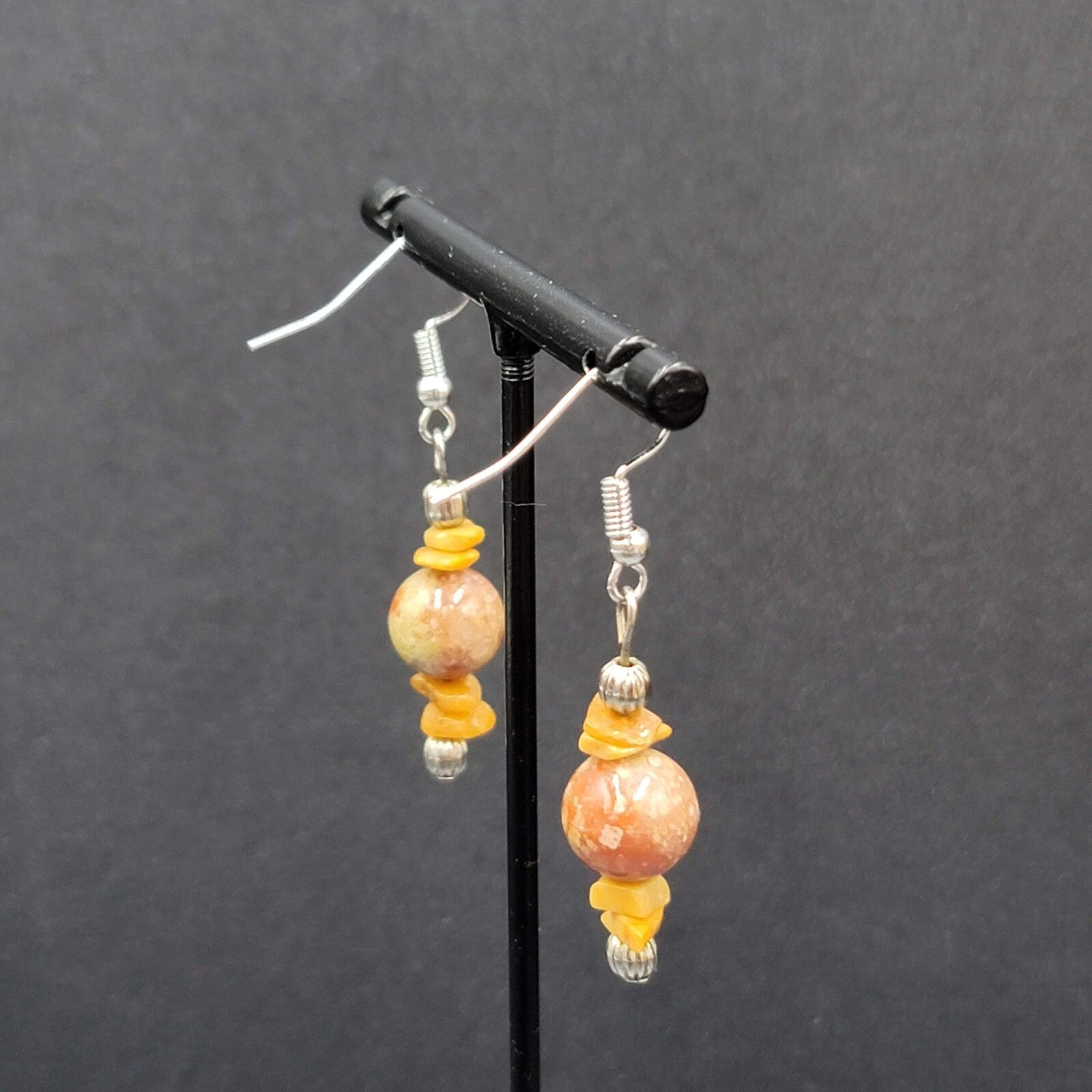 Pierced Earrings Silver tone Jasper Stone Beaded Dangle 1.25"