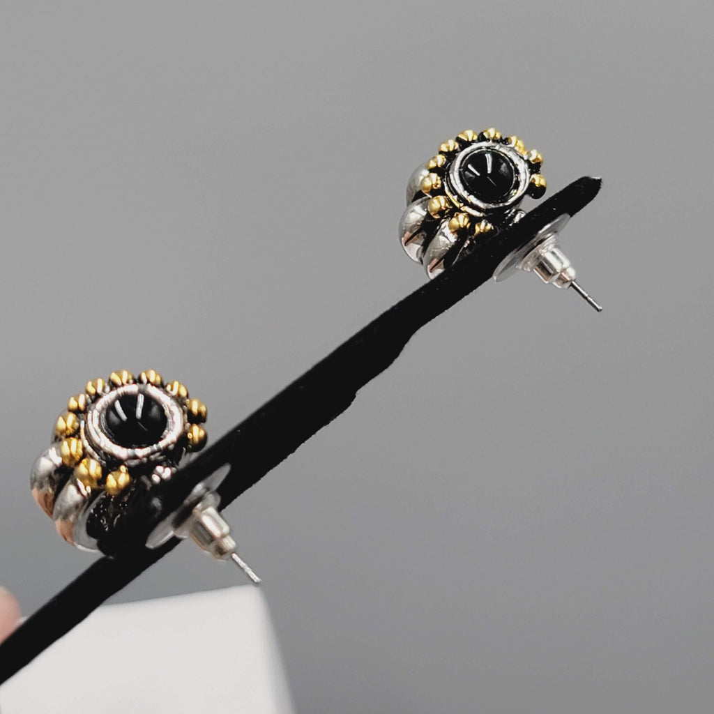 Pierced Earrings Heavy Silver and Gold Plated Black Cabochon Statement 3/4"