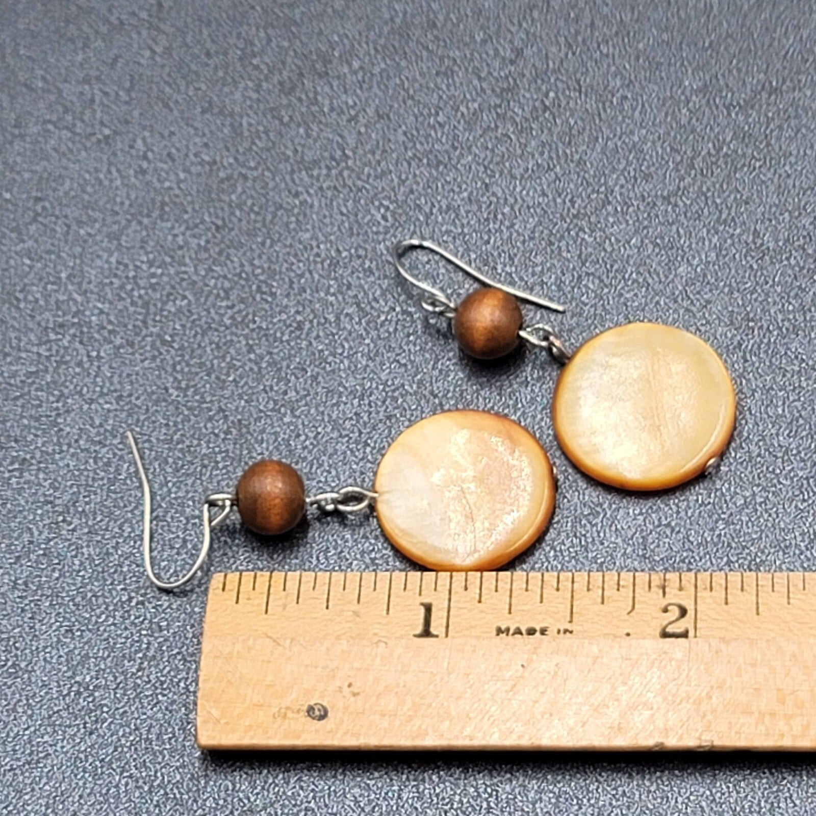 Pierced Earrings Silver tone Wood Bead Brown Round Shell Dangle 1.5"