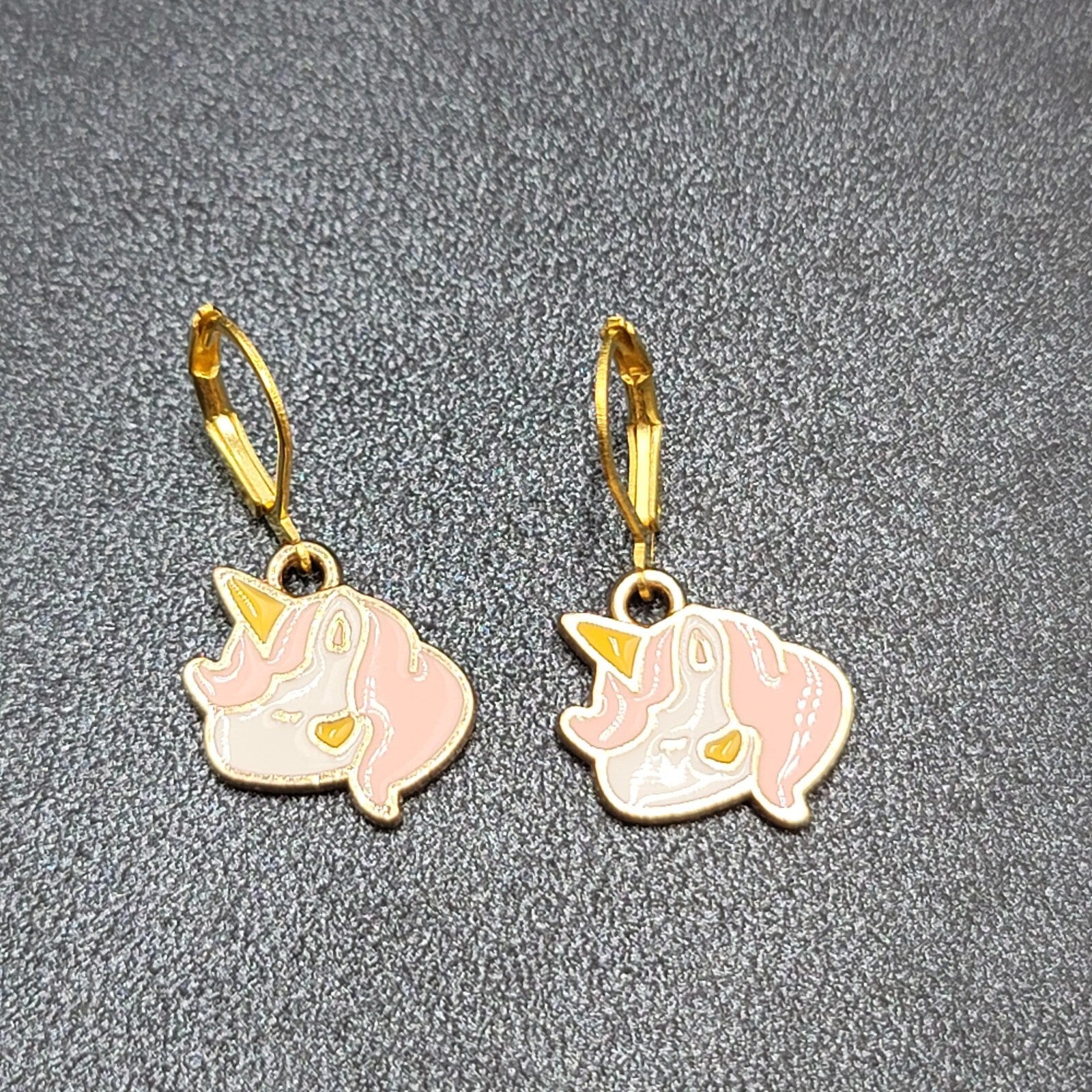 New Unicorn Pierced Earrings Gold tone Pink Enamel Dangle 5/8"