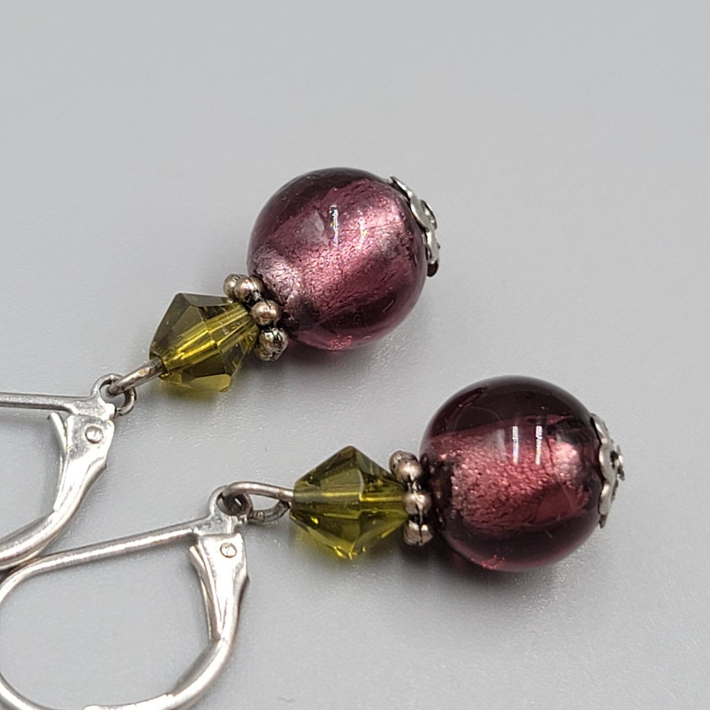 Glass Bead Pierced Earrings Purple Green Silver tone Dangle Leverback 7/8"
