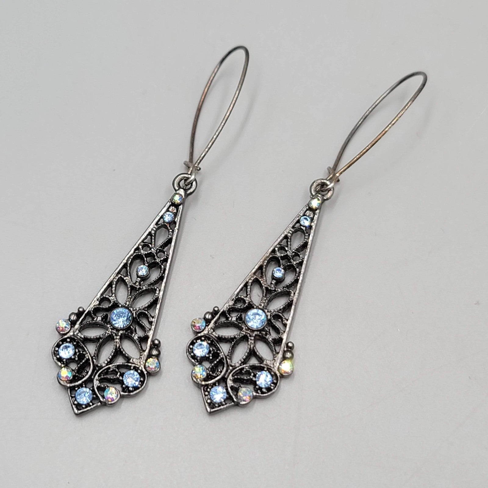 Black Metal Blue Rhinestone Pierced Earrings Long Dangle 2"