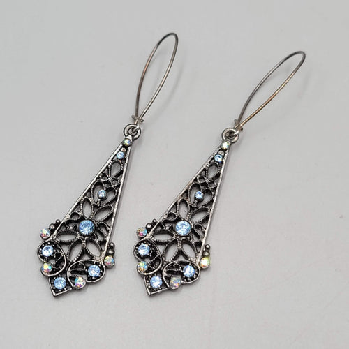 Black Metal Blue Rhinestone Pierced Earrings Long Dangle 2"