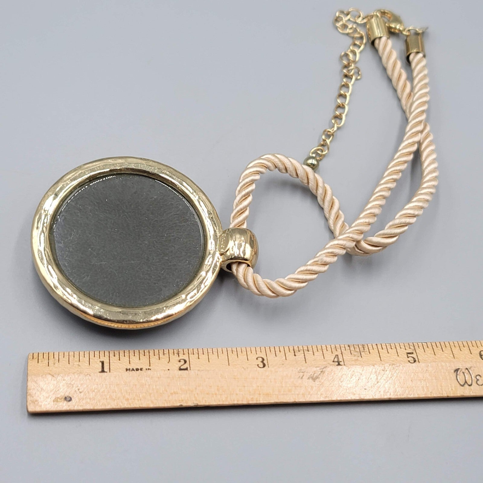Chicos Necklace Large Molded Gray Resin Round Pendant Cord 18"