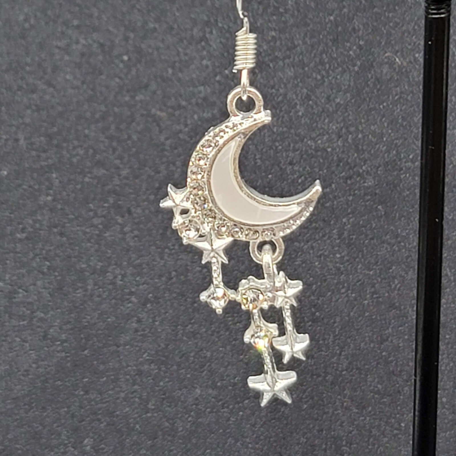 Moon Pierced Earrings Silver tone Crystal Rhinestone Dangle 1.5"