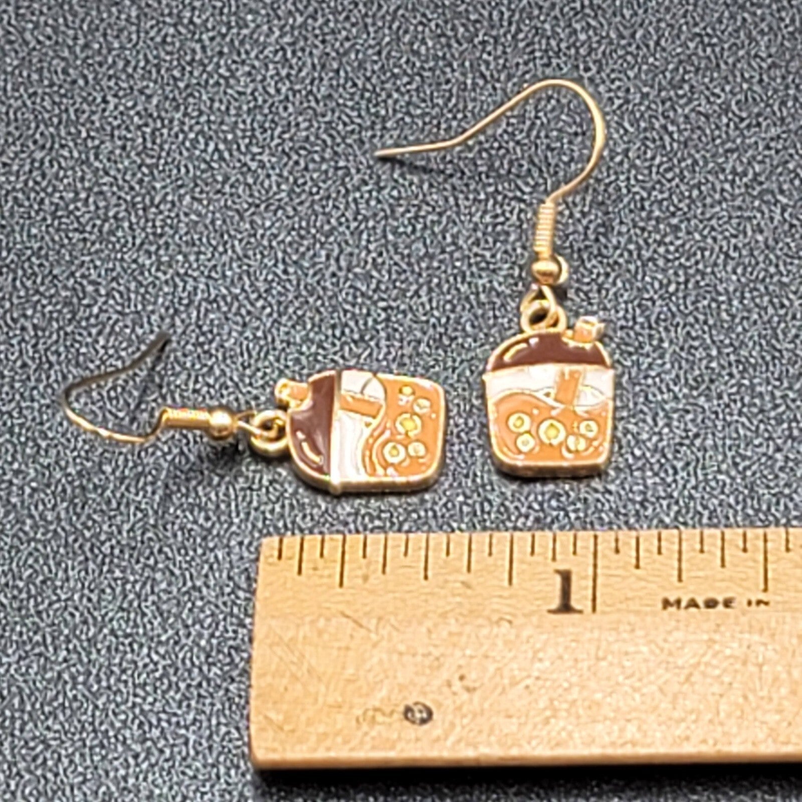 Boba Tea Pierced Earrings Gold tone Coffee Drink Dangle Enamel 1/2"