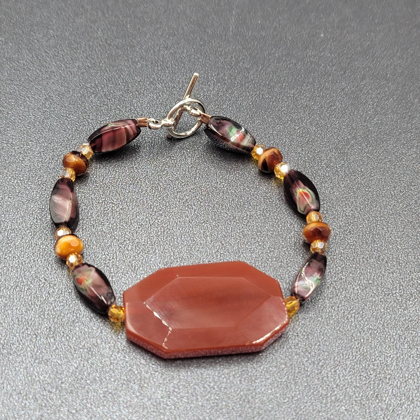 Art glass Bead Bracelet Silver tone Purple Brown Toggle 7"