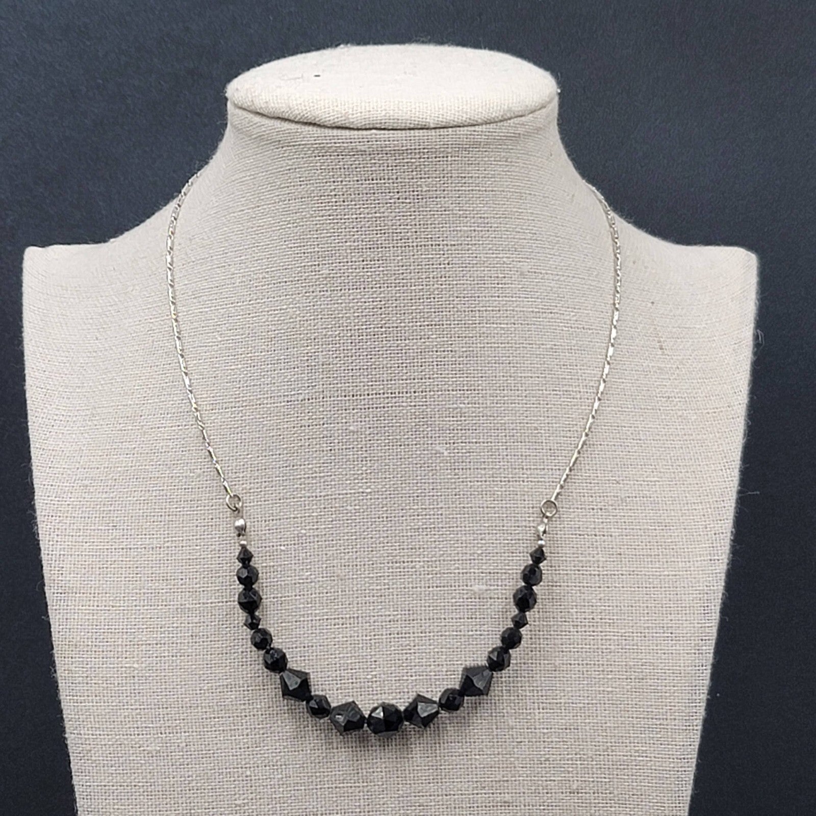 Swarovski Necklace Black Rivioli Crystal Bead Silver Plated Signed 16"-18"