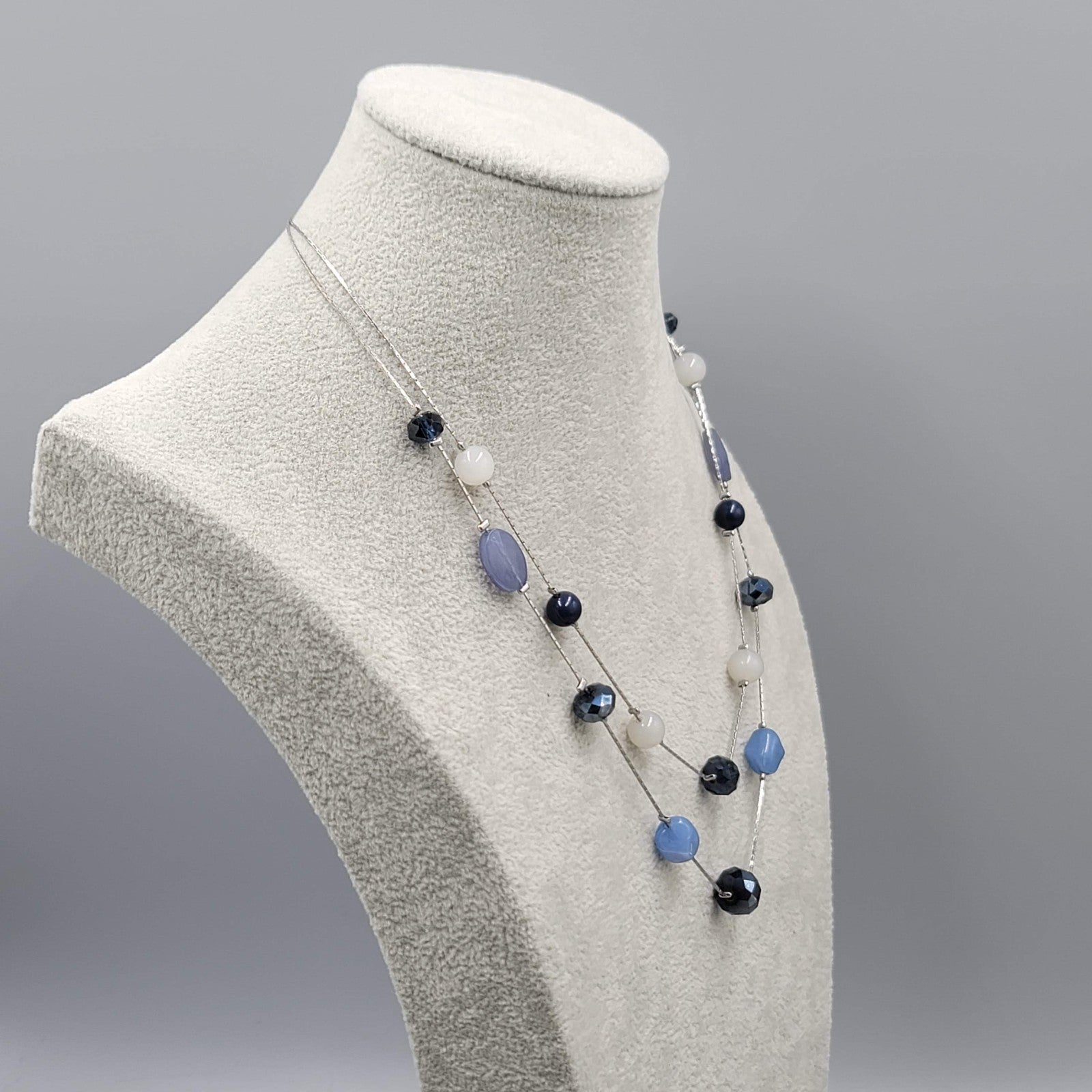 LOFT Blues White Glass Station Necklace Double Chain Silver tone 18"