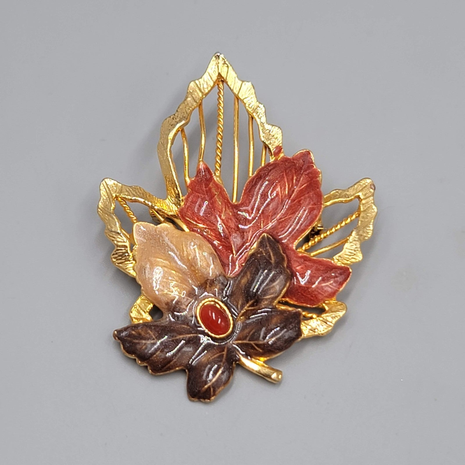 Vintage Kenneth Cole Autumn Leaf Enamel Brooch Gold tone 2.5"
