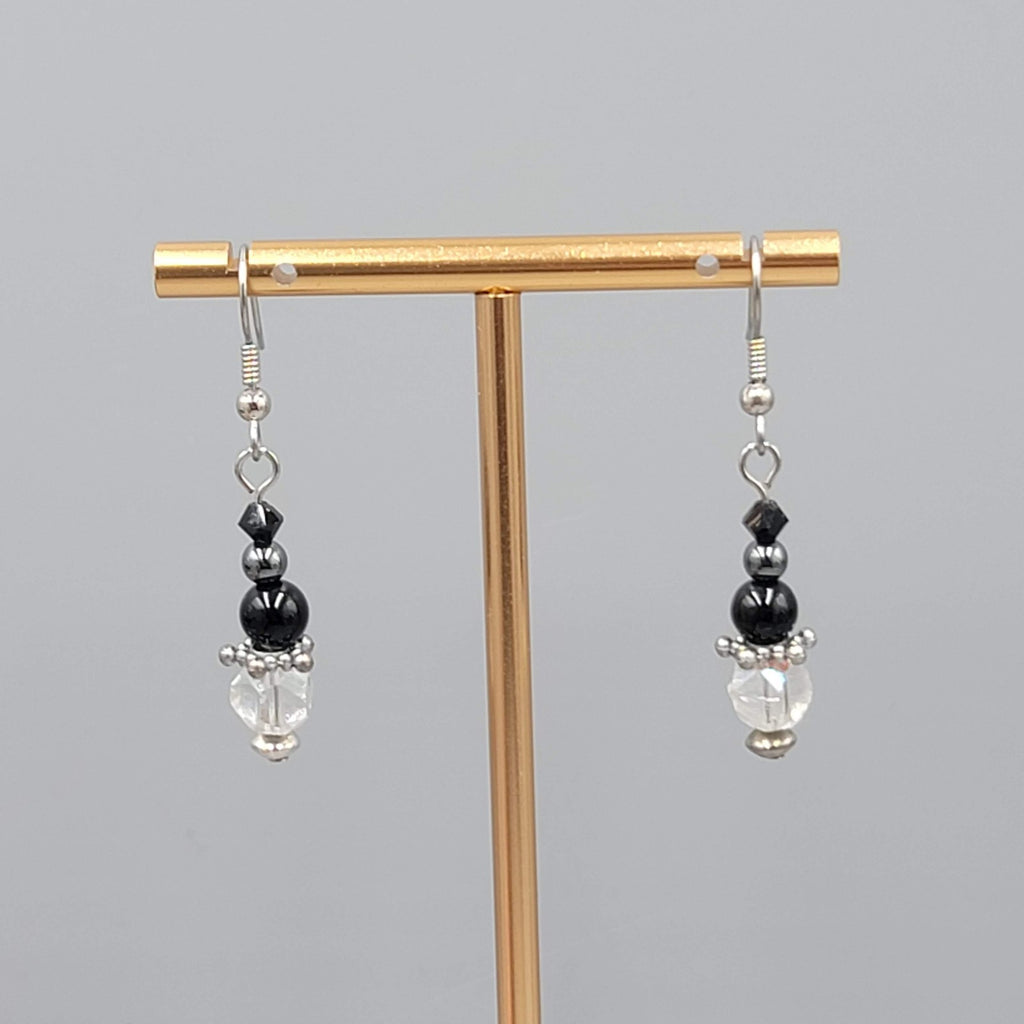 Black Glass AB Crystal Bead Pierced Earrings Silver tone Dangle   1 1/8"