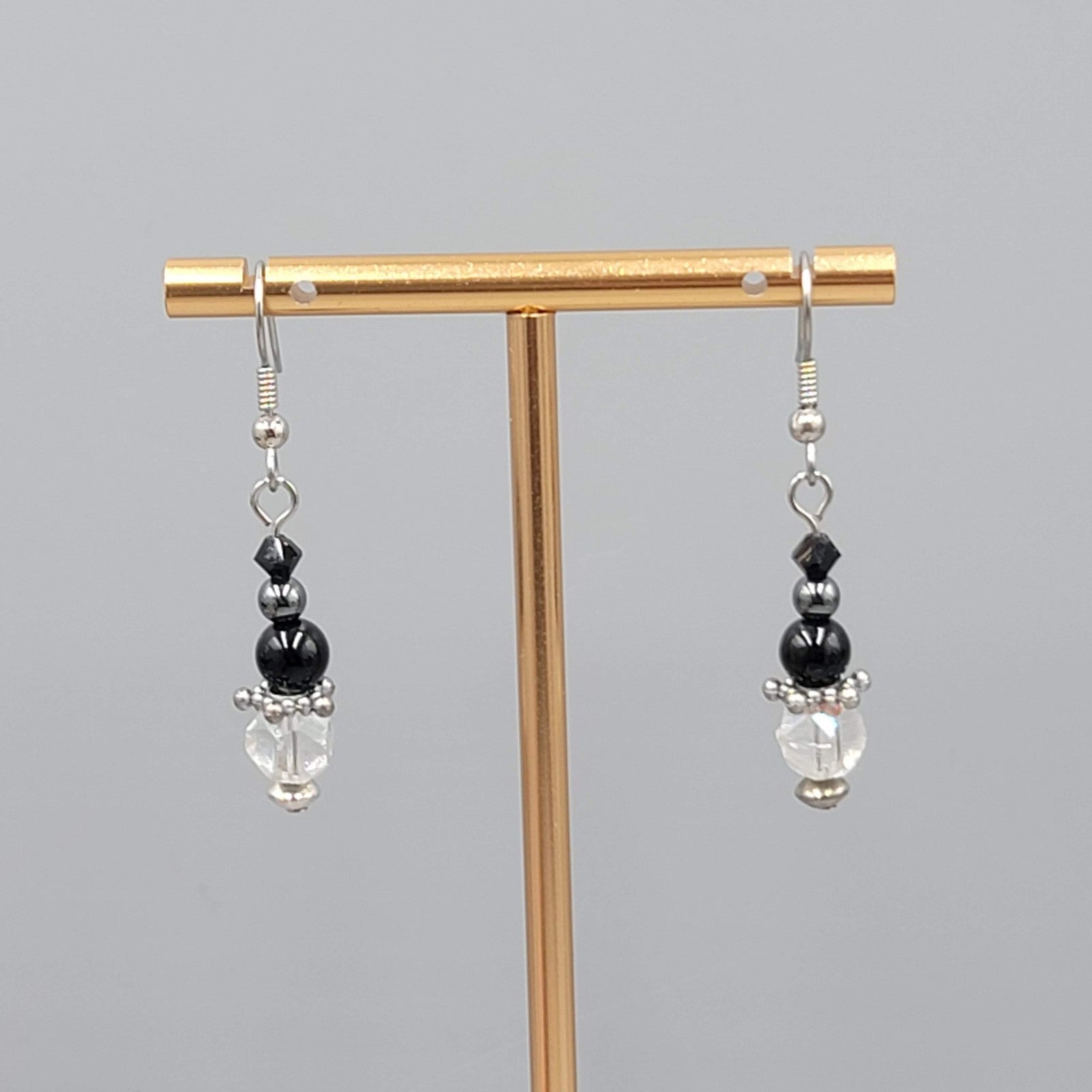 Black Glass AB Crystal Bead Pierced Earrings Silver tone Dangle   1 1/8"