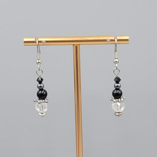 Black Glass AB Crystal Bead Pierced Earrings Silver tone Dangle   1 1/8"