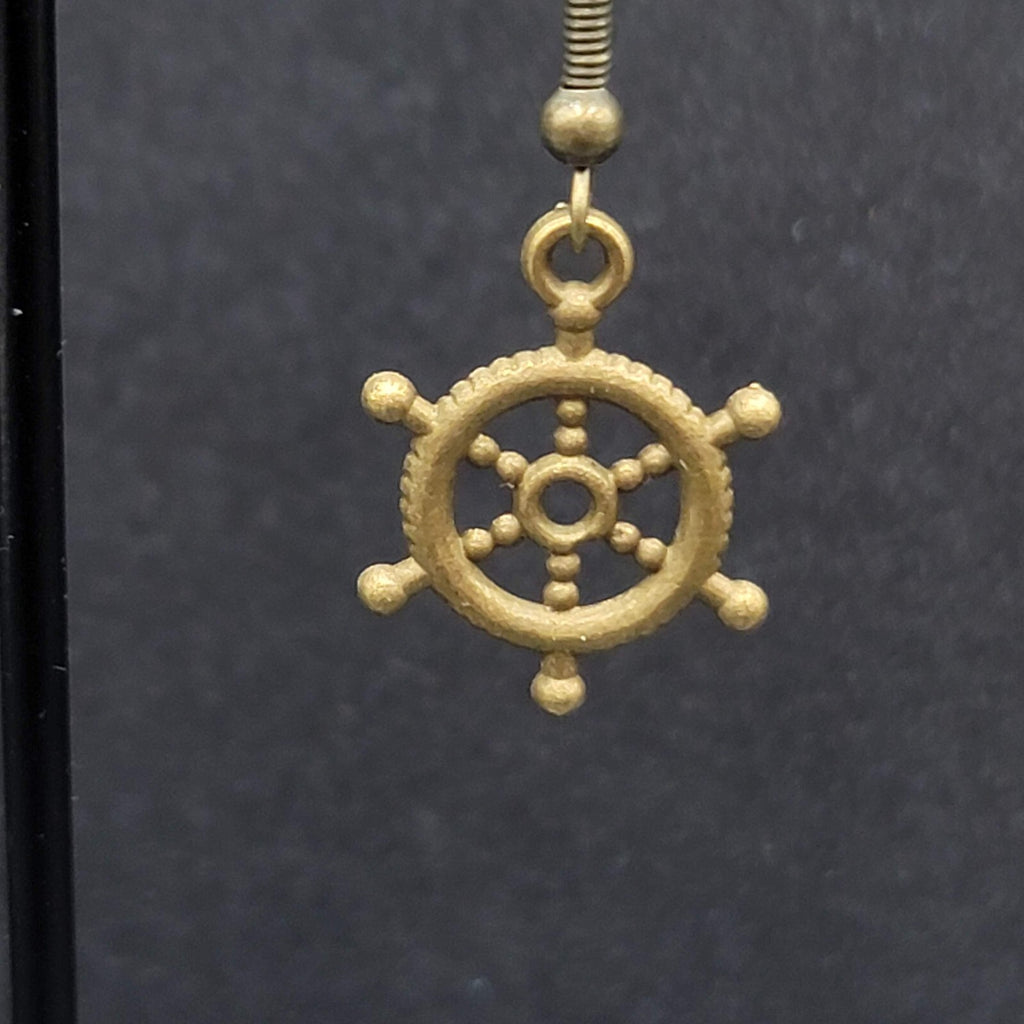 New Nautical Ships Wheel Pierced Earrings Bronze tone Embossed Dangle 3/4"