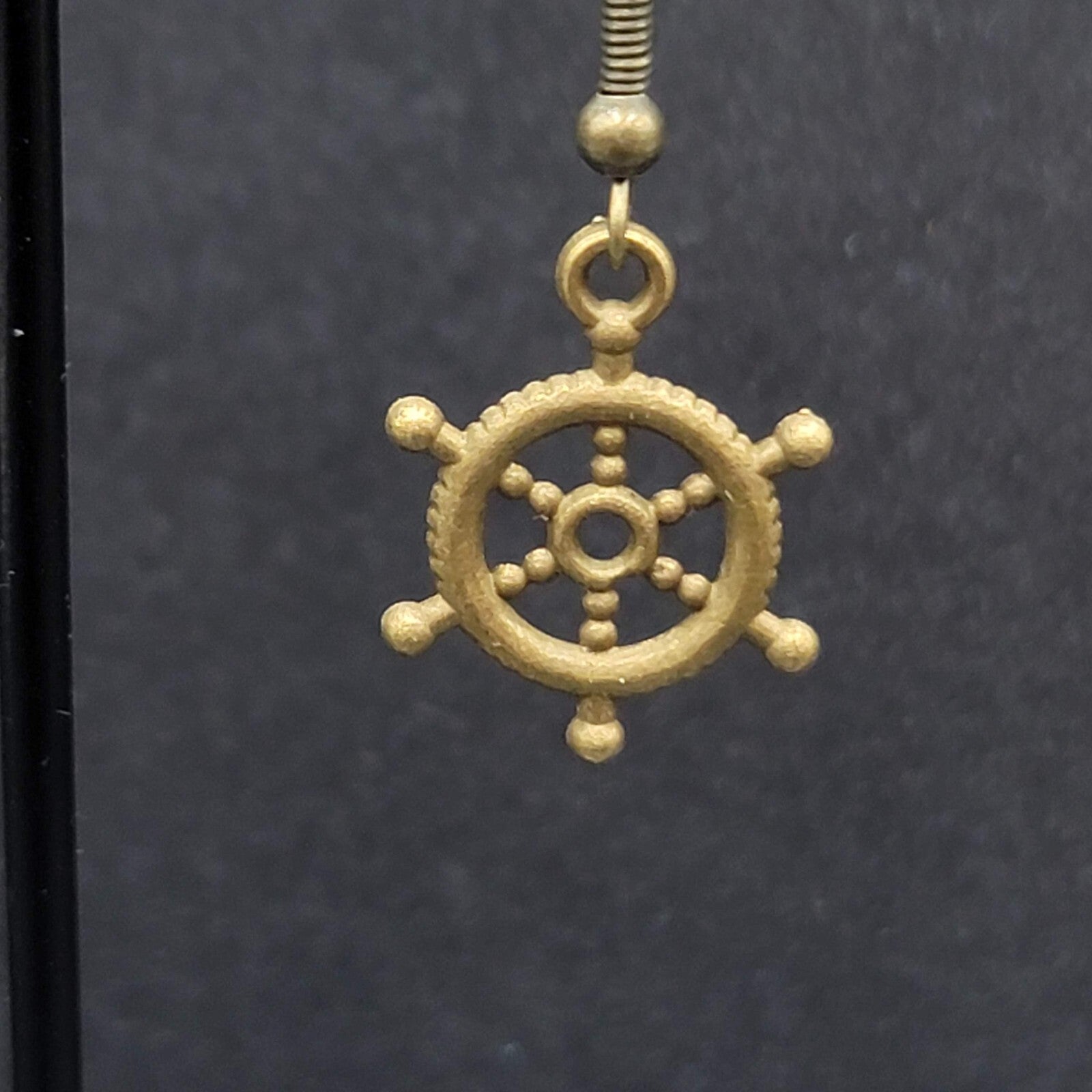 New Nautical Ships Wheel Pierced Earrings Bronze tone Embossed Dangle 3/4"