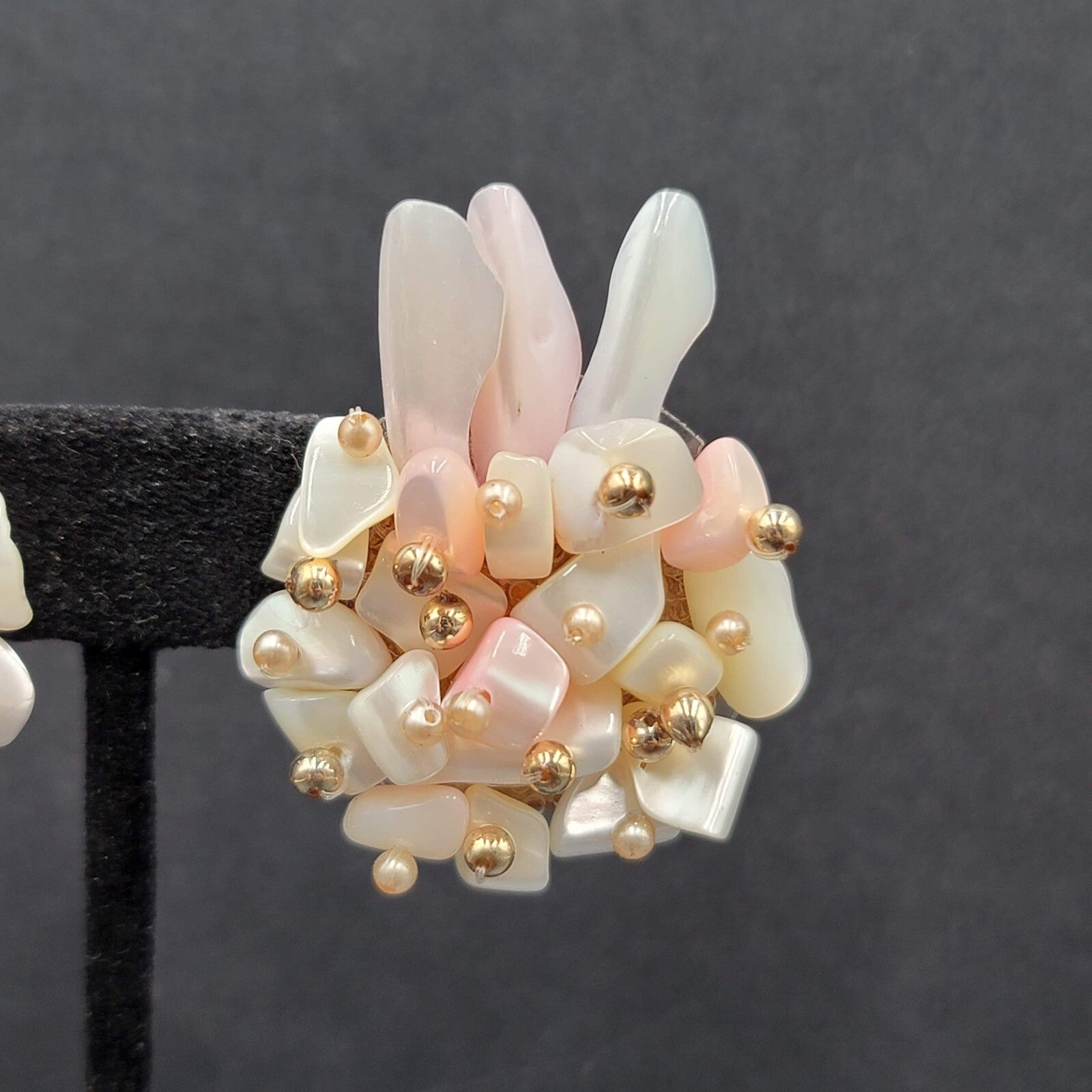 Vintage Clip on Earrings Large Statement Shell Climber Cluster Beads 1.75"