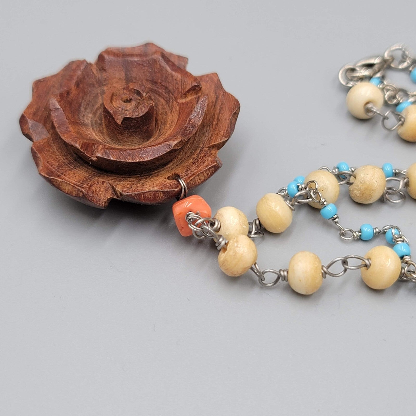 Boho Wood Rose Pendant Necklace Silver tone Double Glass Bead Chains 14"-17"
