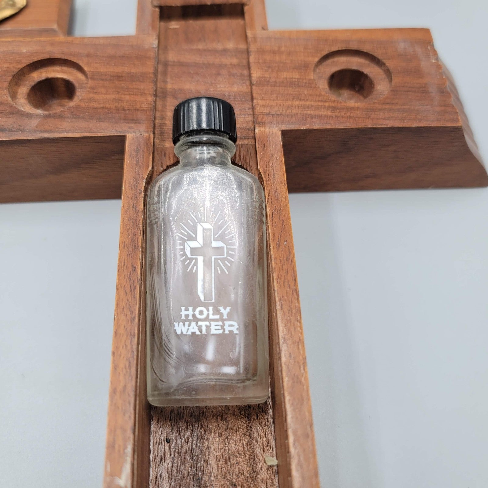 Catholic Wall Crucifix Sick Call Set Wooden Cross INRI with Holy Water Vial 14"
