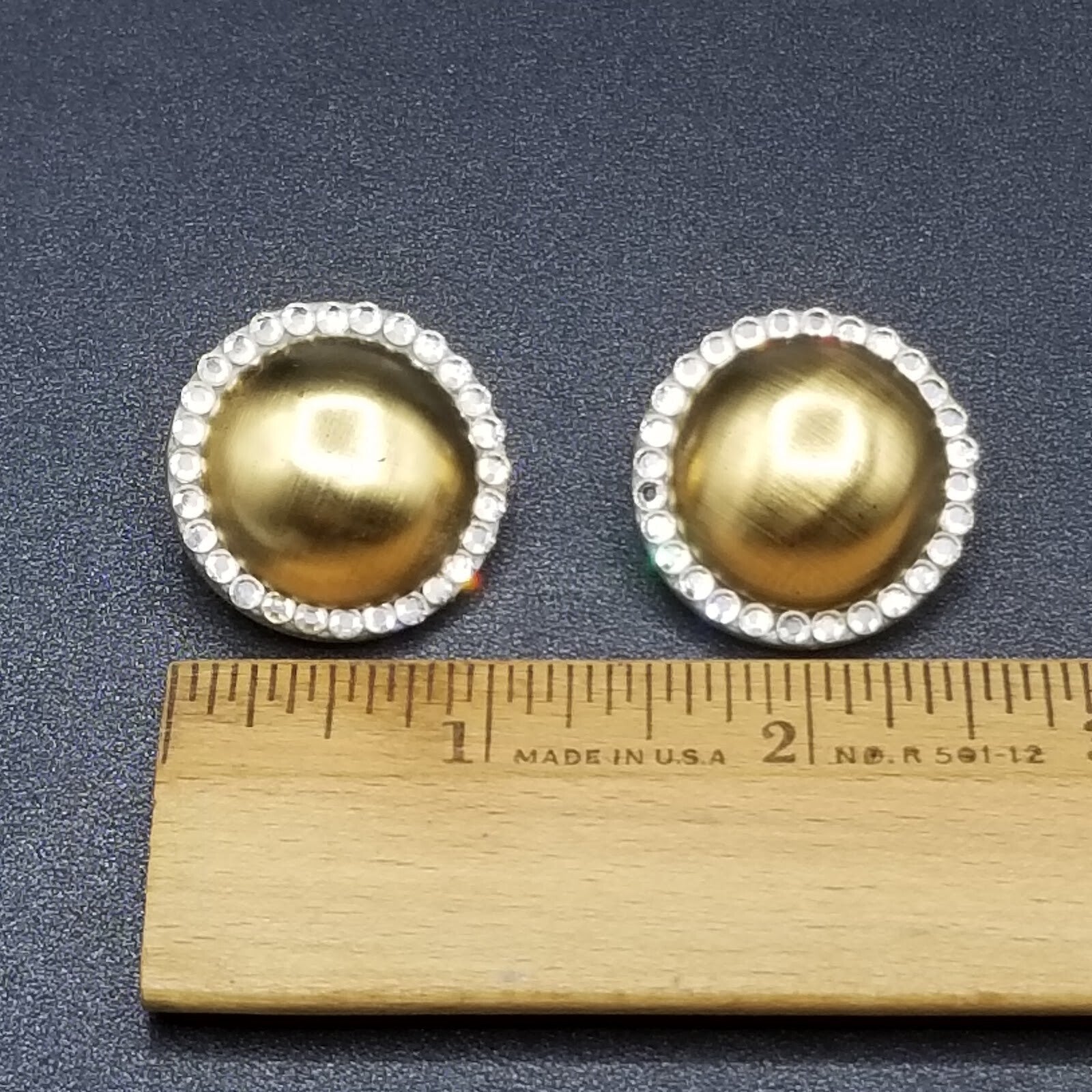 Clip on Earrings Gold tone Crystal Dome Acrylic Button Style Drop Stud 1 3/8" A