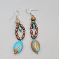 Blue Stone Wood Bead Pierced Earrings Artisan Dangle 2.5"