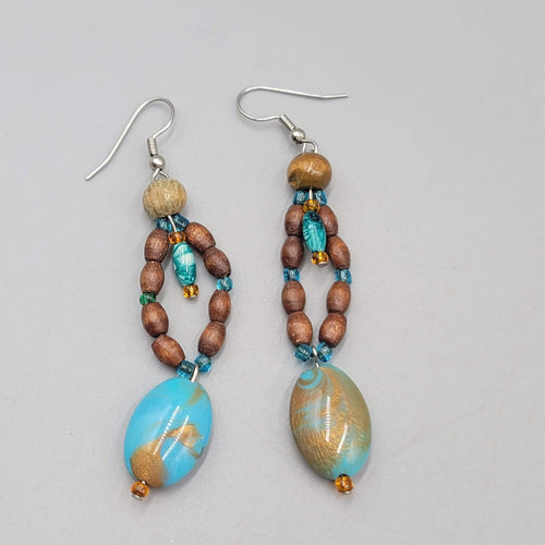 Blue Stone Wood Bead Pierced Earrings Artisan Dangle 2.5"