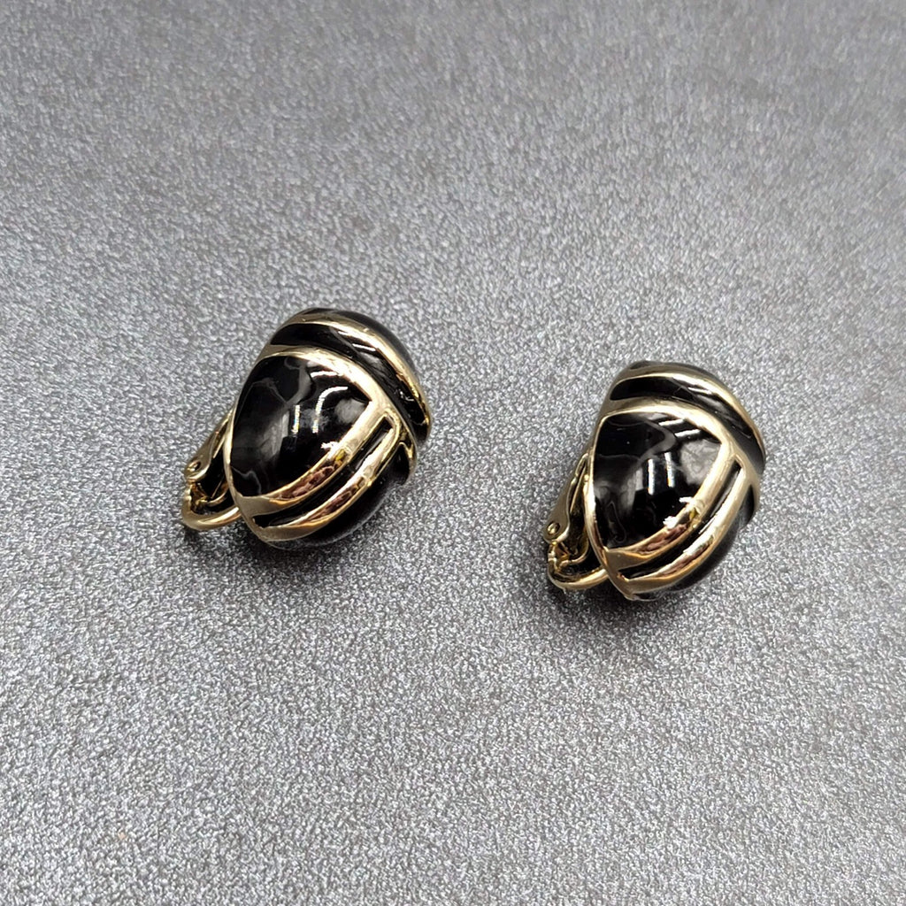 Vintage Clip on Earrings Gold tone Black Enamel Dome Oval Studs 3/4"