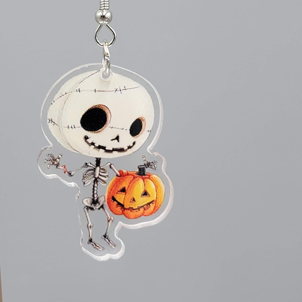 Halloween Skeleton Jack o Lantern Pierced Earrings Silver tone Dangle 1.5 in