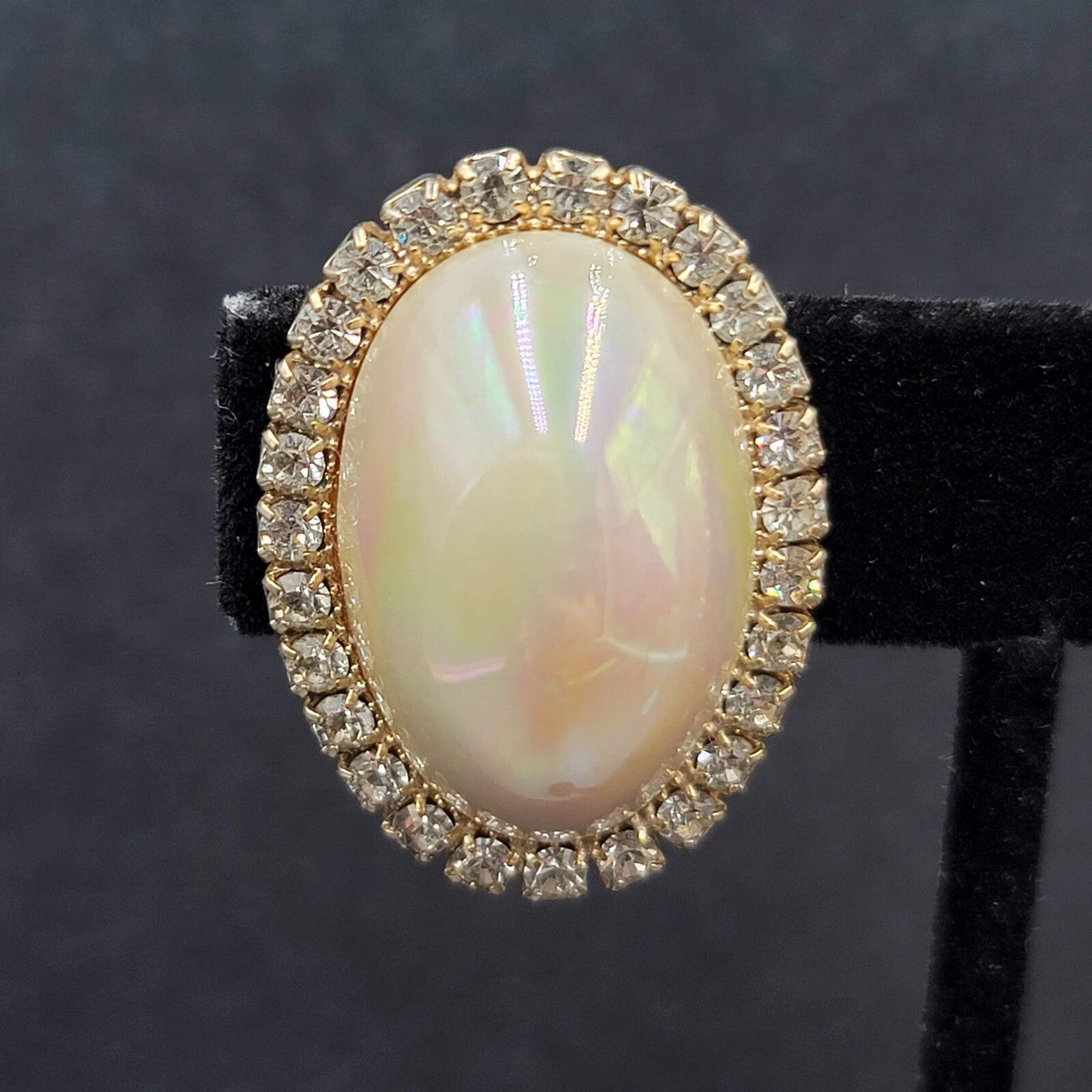 Vintage Clip on Earrings Statement AB Rhinestones Pearl White Cabochon 1 1/8"
